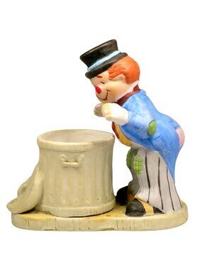 Jasco Luvkins Hobo & Trash Can Candle Holder 1980s Bisque Clown Figurine